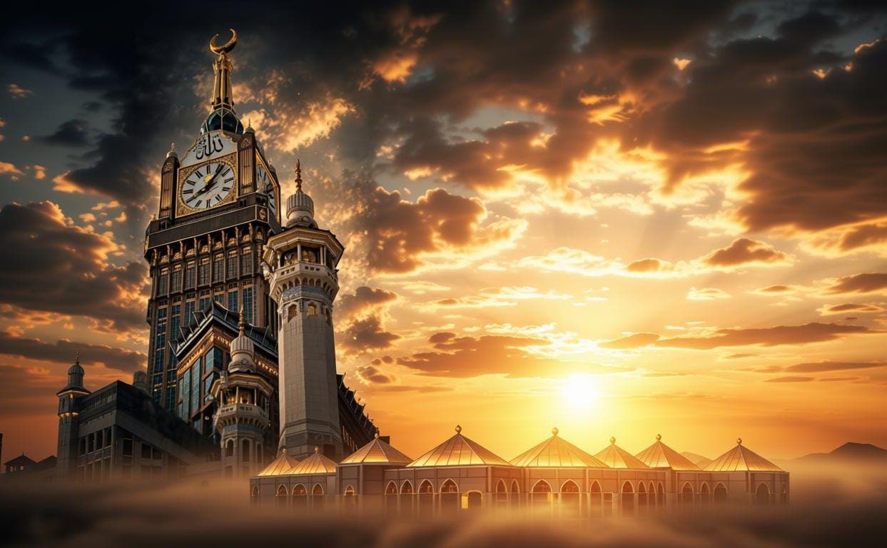 برج ساعة مكة المكرمة وشُرَف الحرم عند الغروب